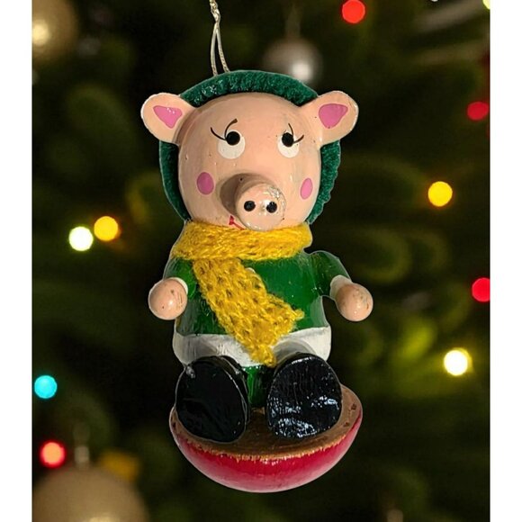 Vintage Wooden Pig Christmas Ornament Knit Hat Scarf Sled Kitsch Piglet Piggy 3" - Picture 1 of 8